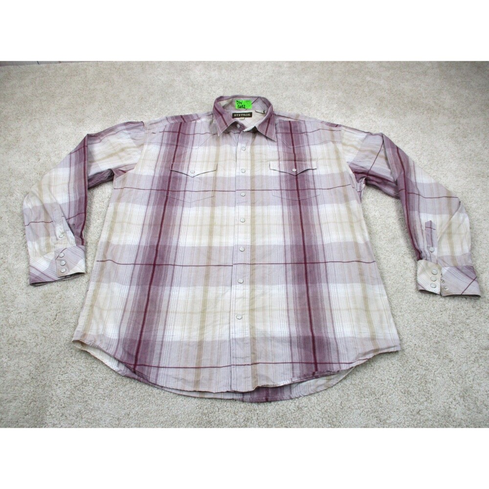 Stetson Shirt Mens Extra Large XL Red White Plaid Pearl Snap Western Cowboy *